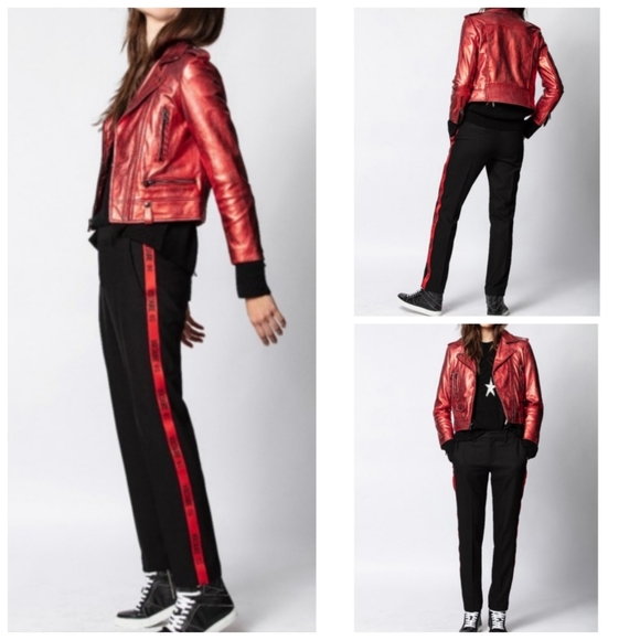 Zadig & Voltaire Pants - Zadig & Voltaire Black POMELO BAND PANTS Tuxedo stripe spellout black red 38 M